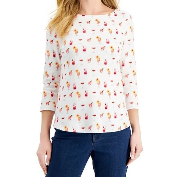 Charter Club Tops - Charter Club Women's 3/4-Sleeve 100% Cotton Knit Top, White Cocktails, Small